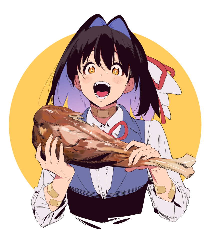 ano_hito_no_i_ni_wa_boku_ga_tarinai bandaid bandaid_on_arm bandaid_on_neck black_hair black_vest brown_eyes colored_inner_hair commentary_request female food hair_ears hair_intakes highres kamo_kamen meat mitsuhara_sachi multicolored_hair open_mouth shirt solo upper_body vest white_shirt