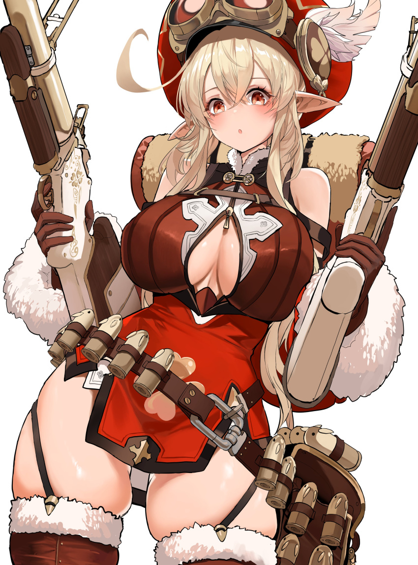 40mm_grenade absurdres aged_up ahoge alternate_breast_size backpack bag bare_shoulders breasts brown_dress brown_gloves cleavage cleavage_cutout clothing_cutout clover_print commentary cowboy_shot crossed_bangs dishwasher1910 dress dual_wielding english_commentary eyelashes female fur-trimmed_legwear fur-trimmed_sleeves fur_trim garter_straps genshin_impact gloves goggles goggles_on_headwear grenade_launcher gun hair_between_eyes hands_up hat hat_feather highres holding holding_gun holding_weapon klee_(genshin_impact) large_breasts long_hair long_sleeves looking_at_viewer parted_lips pointy_ears red_eyes red_hat sidelocks simple_background skindentation solo teeth thick_thighs thighhighs thighs upper_teeth_only weapon yellow_eyes