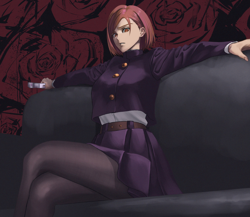 belt black_pantyhose bob_cut breasts brown_belt brown_eyes brown_hair buttons claw_hammer couch cropped_jacket crossed_legs female floral_background hammer highres holding holding_hammer jacket jujutsu_kaisen jujutsu_tech_uniform kugisaki_nobara large_breasts looking_at_viewer on_couch outstretched_arms pantyhose parted_lips pleated_skirt purple_jacket purple_skirt rose_background school_uniform shirt shirt_tucked_in short_hair sitting skirt solo white_shirt yoshino_(laencl)