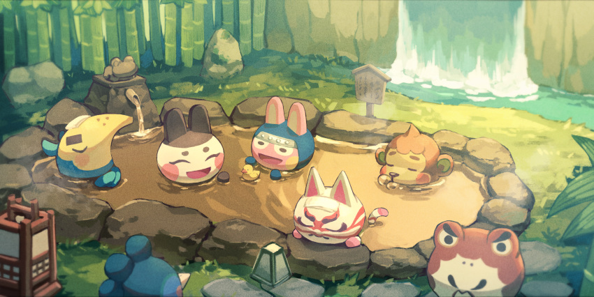 6+boys :d ^_^ animal_crossing animal_ears anteater bamboo bamboo_forest bird blush blush_stickers cat_ears cat_tail closed_eyes closed_mouth commentary croque_(animal_crossing) cyrano_(animal_crossing) day facial_hair feline flip_(animal_crossing) forest frog frown furry furry_male genji_(animal_crossing) grass happy highres kabuki_(animal_crossing) ken_(animal_crossing) lantern monkey monkey_ears moustache multiple_boys nature onsen open_mouth outdoors partially_submerged plant rabbit rabbit_ears rock rubber_duck saino_misaki sign smile snake_(animal_crossing) solid_circle_eyes statue steam tail thick_eyebrows towel towel_on_head v-shaped_eyebrows water waterfall