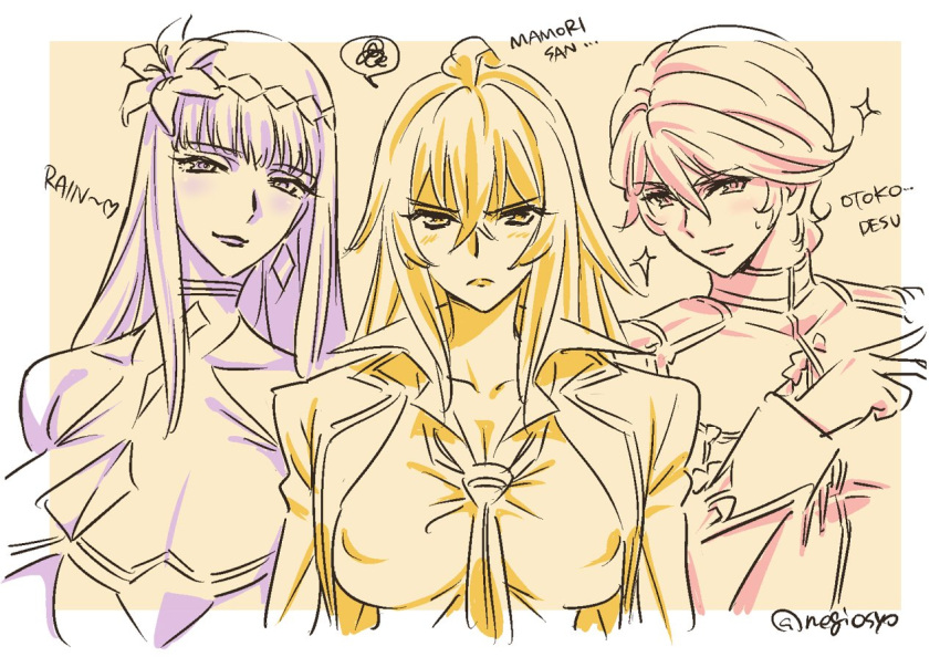 3girls blonde_hair bra breasts cupless_bra epaulettes flower gigantic_breasts gyaru hair_flower hair_ornament hiiragi_akira_(valkyrie_drive_-mermaid-) huge_breasts kaneko_hiraku lady_j lipstick looking_at_viewer makeup multiple_girls purple_lips red_hair reverse_trap shikishima_mirei underwear uniform valkyrie_drive valkyrie_drive_-mermaid- yuri