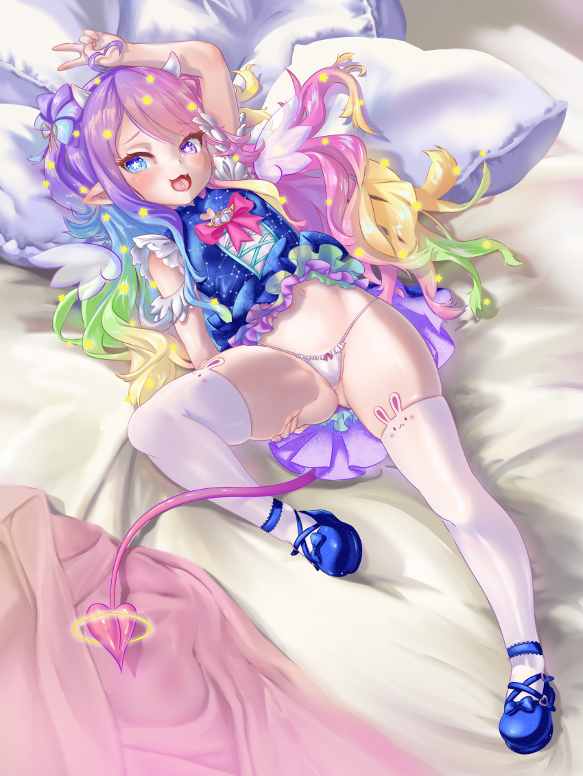 :3 absurdres ahoge angel_wings animal_ear_legwear ankle_strap arm_up aroused ass_visible_through_thighs bed_sheet belly blonde_hair blue_dress blue_eyes blue_footwear blue_hair blush bow breasts brooch cancer_(constellation) commentary constellation constellation_print demon_girl demon_horns demon_tail detached_wings double_bun dress emberlith female footwear_bow frilled_dress frilled_panties frills grabbing_own_thigh gradient_hair green_hair hair_bun hair_ornament hair_ribbon halo heart heart_ahoge heterochromia highres horns indie_virtual_youtuber jewelry jpml layered_dress leg_up lying magical_girl mini_wings multicolored_hair naughty_face navel oerba_yun_fang on_back on_bed panties pillow pink_bow pink_hair pointy_ears purple_eyes purple_hair rabbit_ear_legwear ribbon short_dress skindentation sleeveless sleeveless_dress small_breasts solo star-shaped_hair star-shaped_pupils star_(symbol) star_hair_bun star_hair_ornament starry_sky_print stomach string_panties symbol-shaped_pupils tail tail_halo thigh_grab thighhighs thighs two_side_up underwear v variant_set virtual_youtuber white_panties white_thighhighs wings yellow_ribbon