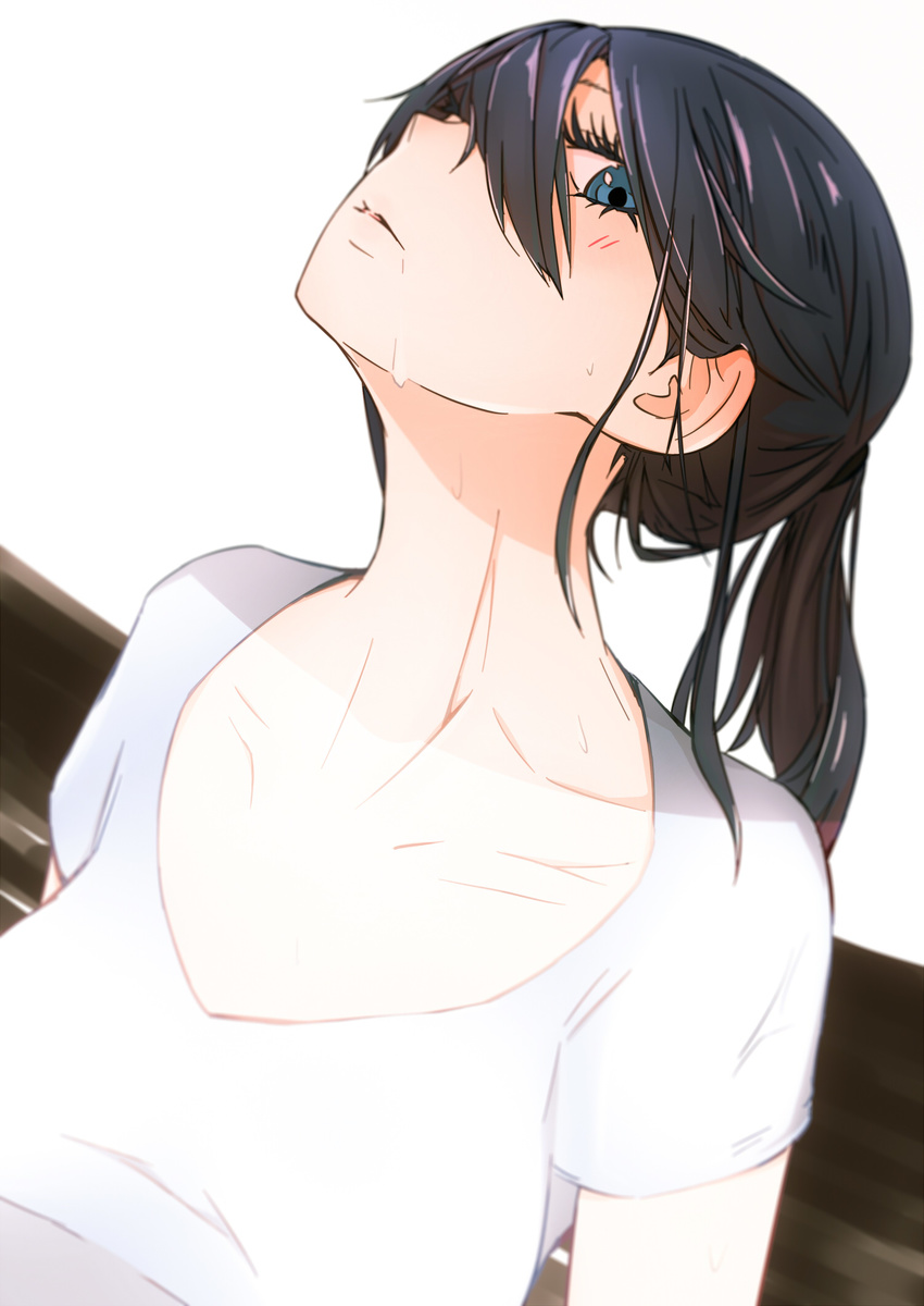 anopl ballroom_e_youkoso black_hair blue_eyes breasts commentary_request eyelashes female hair_between_eyes hanaoka_shizuku highres long_hair looking_at_viewer looking_up medium_breasts parted_lips ponytail shirt solo sweat t-shirt upper_body white_shirt