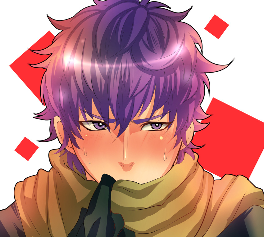 1boy blush commentary_request covering_own_mouth dragon_quest dragon_quest_heroes dragon_quest_heroes_ii gloves male_focus oururi33 portrait purple_eyes purple_hair razel scarf solo white_background