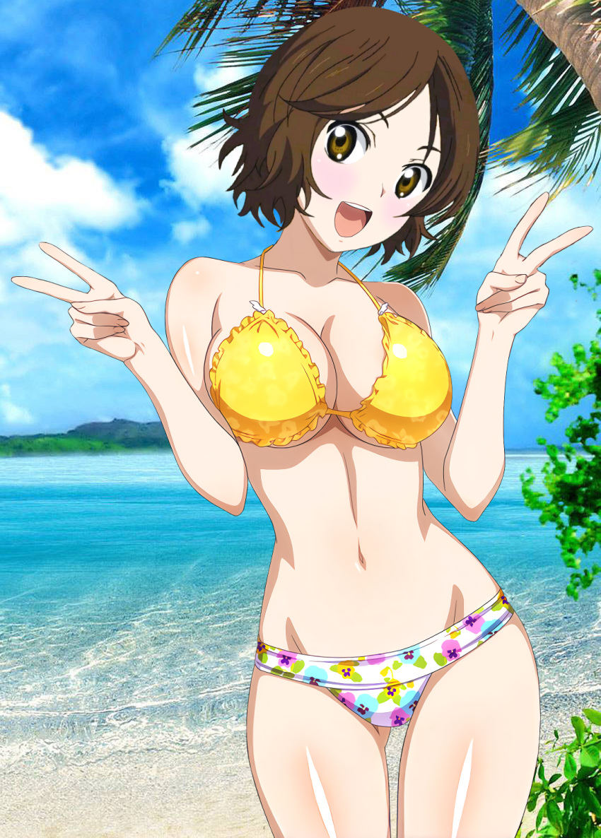 beach bikini blush breasts brown_eyes brown_hair female large_breasts looking_at_viewer peace_symbol sawabe_tsubaki shigatsu_wa_kimi_no_uso short_hair standing swimsuit yellow_bikini_top