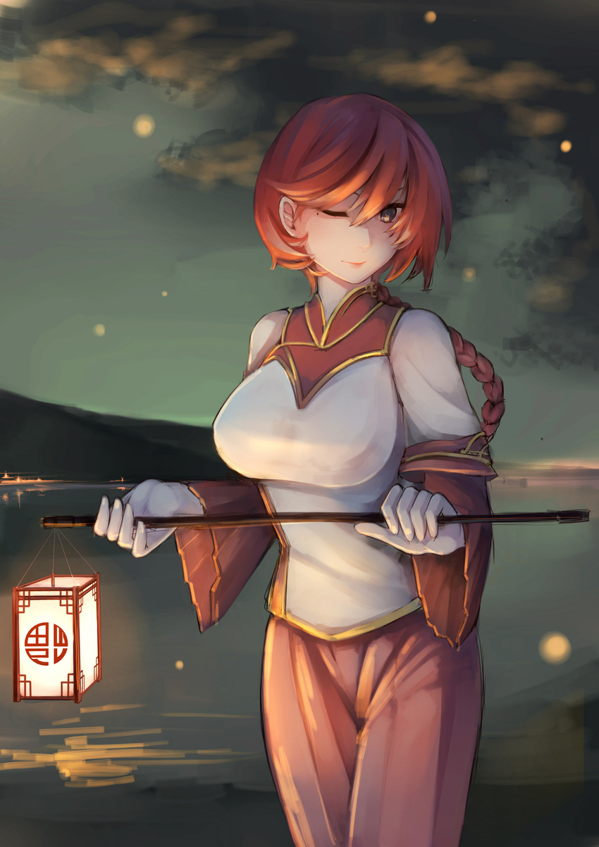 ;) absurdres braid breasts brown_eyes chinese_clothes commentary_request cowboy_shot female fireflies highres lantern large_breasts long_hair looking_at_viewer mole mole_under_eye nelson_(warship_girls_r) night one_eye_closed red_hair single_braid smile solo swept_bangs warship_girls_r water wide_sleeves yan_wen_zi