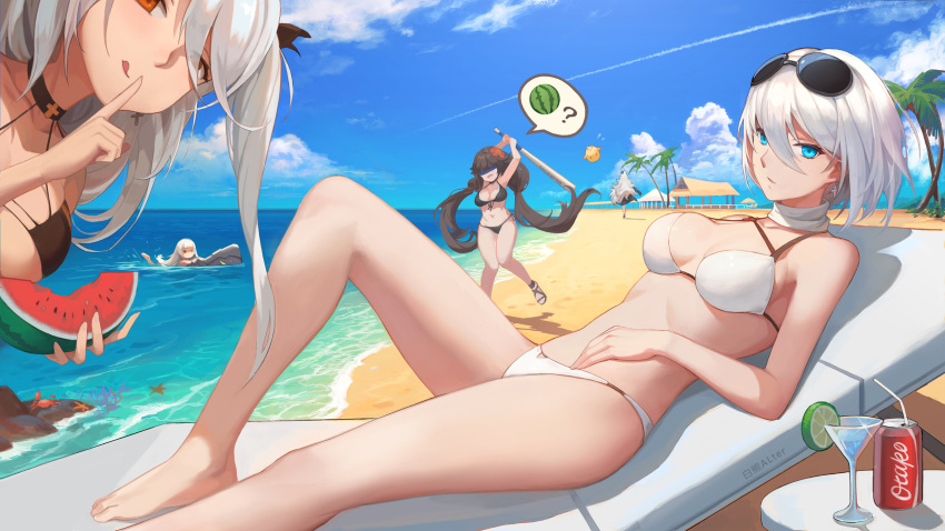 5girls azur_lane barefoot baseball_bat beach bikini black_hair blindfold blue_eyes blue_sky blush breasts can chair chinese_commentary choker cleavage cocktail_glass collarbone commentary_request cross cross_earrings cup day deutschland_(azur_lane) drink_can drinking_glass drinking_straw earrings finger_to_mouth flag_print food fruit german_flag_bikini graf_zeppelin_(azur_lane) groin hair_between_eyes hand_on_own_stomach highres holding holding_baseball_bat holding_food jewelry large_breasts leaning_forward linzhong_de_xiongbaobao long_hair looking_at_viewer lounge_chair low_twintails lying manjuu_(azur_lane) md5_mismatch multicolored_hair multiple_girls navel ocean official_alternate_costume outdoors palm_tree photoshop_(medium) prinz_eugen_(azur_lane) prinz_eugen_(unfading_smile)_(azur_lane) red_hair sand sandals scarf short_hair shushing sky soda_can spoken_food stomach streaked_hair suikawari swimsuit table thighs tirpitz tirpitz_(azur_lane) tirpitz_(snow-melting_summer)_(azur_lane) tree twintails two_side_up underboob very_long_hair wading watermelon waves white_bikini white_hair yellow_eyes z46_(azur_lane)