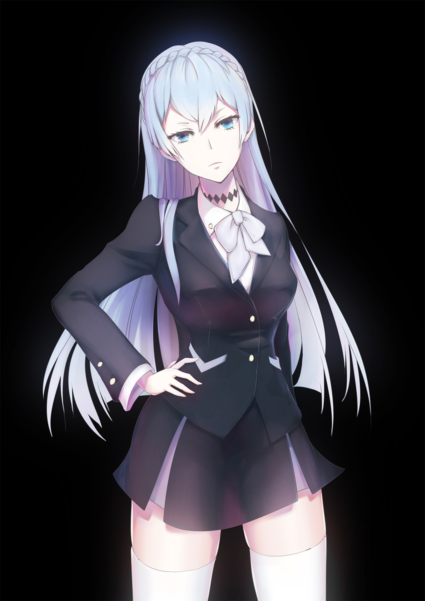 black_background blue_eyes blue_hair braid commentary cowboy_shot crown_braid female hand_on_own_hip highres kiznaiver liu_lan long_hair looking_at_viewer neck_tattoo photoshop_(medium) school_uniform skirt solo sonozaki_noriko tattoo thighhighs white_thighhighs zettai_ryouiki