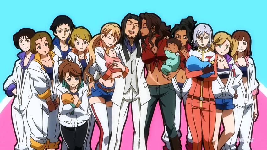 1boy 6+girls amida_arca anime_screenshot arms_behind_back azee_gurumin baby bilt_turbine black_eyes black_hair blonde_hair blue_eyes breasts brown_eyes brown_hair chloe_turbine cleavage crop_top dark_skin earrings echo_turbine formal green_eyes grey_hair gundam gundam_tekketsu_no_orphans hand_on_own_hip harem holding_hands jewelry jumpsuit lafter_frankland large_breasts midriff multiple_girls navel naze_turbine scar short_shorts shorts smile spacesuit sports_bra straight suit tank_top