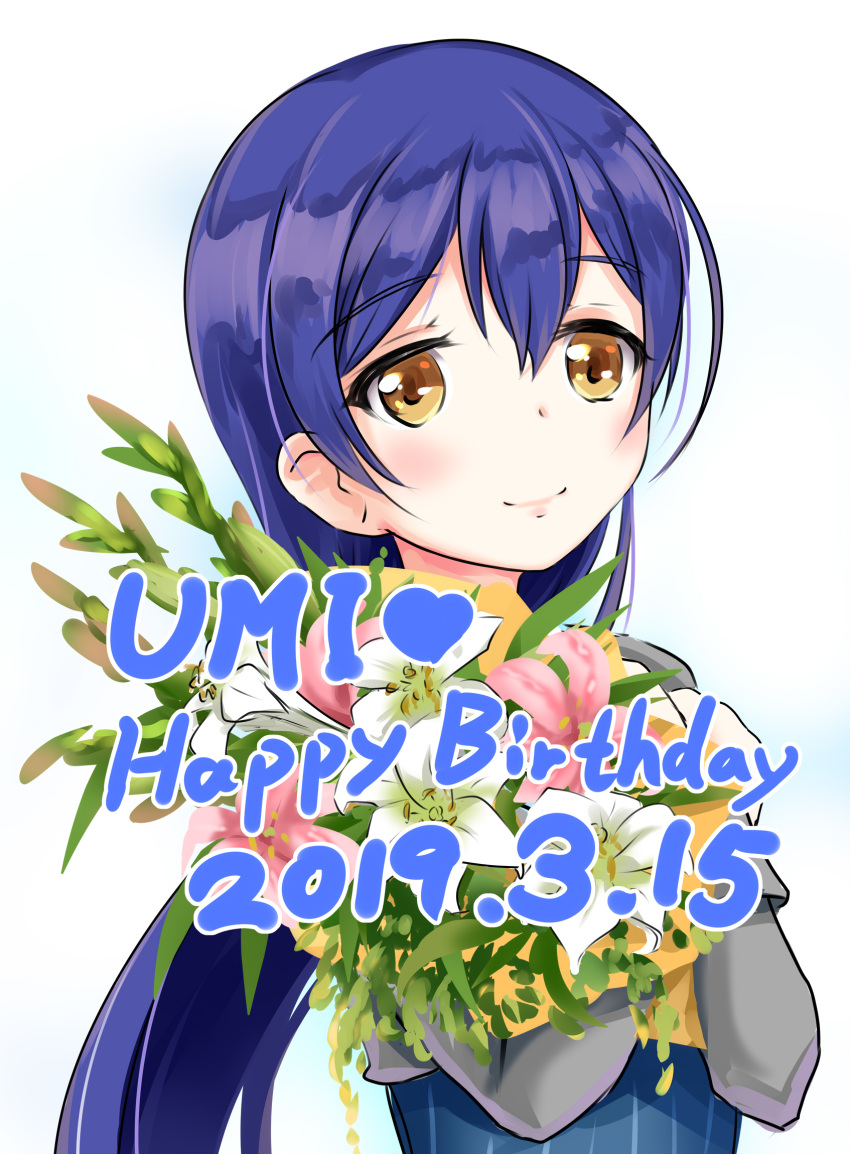 birthday blue_hair character_name commentary_request dated eatbara english_text female flower happy_birthday highres long_hair long_sleeves love_live! love_live!_school_idol_project sidelocks smile solo sonoda_umi upper_body yellow_eyes