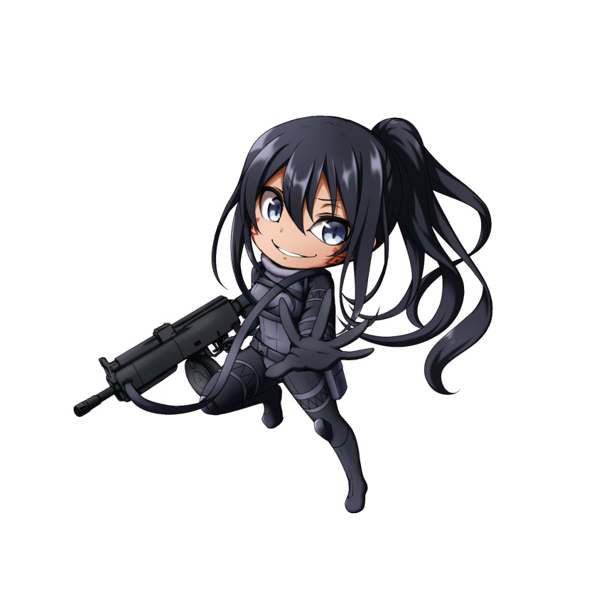 black_bodysuit black_footwear black_gloves black_hair blue_eyes blush bodysuit boots breasts chibi commentary_request dark-skinned_female dark_skin drum_magazine facial_mark female gloves gun hair_between_eyes high_ponytail highres holding holding_gun holding_weapon knee_boots kuena light_machine_gun long_hair looking_at_viewer magazine_(weapon) pitohui_(sao) ponytail rpk simple_background small_breasts solo sword_art_online sword_art_online_alternative:_gun_gale_online very_long_hair weapon white_background