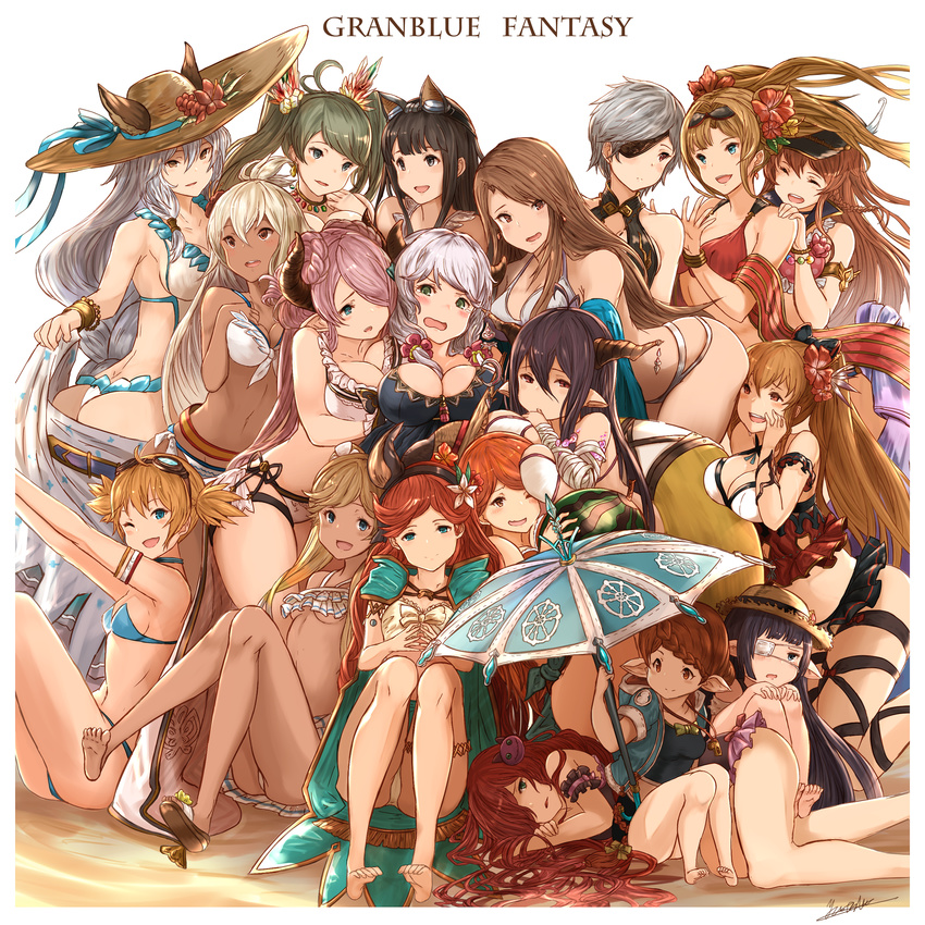 6+girls ;d ahoge animal_ears anna_(granblue_fantasy) antenna_hair arched_back ass bad_proportions bandaged_arm bandages bare_shoulders barefoot between_breasts bikini black_hair blonde_hair blue_eyes blunt_bangs blush braid breasts brown_eyes brown_hair camieux cape closed_eyes commentary_request danua dark-skinned_female dark_skin de_la_fille demon_horns draph earrings erune eyepatch eyewear_on_head flat_chest flower food fruit goggles goggles_on_head granblue_fantasy hair_between_eyes hair_flower hair_ornament hair_over_one_eye hairband hands_on_own_knees harvin hat heles hibiscus highres horns io_(granblue_fantasy) jessica_(granblue_fantasy) jewelry katalina_(granblue_fantasy) large_breasts leaning_forward lecia_(granblue_fantasy) lecia_(summer)_(granblue_fantasy) light_purple_hair light_smile long_hair looking_at_another looking_at_viewer low_twintails lunalu_(granblue_fantasy) lying mary_(granblue_fantasy) medical_eyepatch medium_breasts multiple_girls narmaya_(granblue_fantasy) navel on_side one_eye_closed open_mouth orange_eyes orange_hair pengy_(granblue_fantasy) pointy_ears ponytail purple_hair red_bikini red_eyes red_hair round_teeth sandals sara_(granblue_fantasy) sarong short_hair short_sleeves short_twintails sideboob signature simple_background small_breasts smile straw_hat suframare sunglasses swimsuit tanya_(granblue_fantasy) teeth twintails umbrella underboob very_long_hair vira_(granblue_fantasy) watermelon white_bikini white_hair yatsuka_(846) zeta_(granblue_fantasy) zooey_(granblue_fantasy)