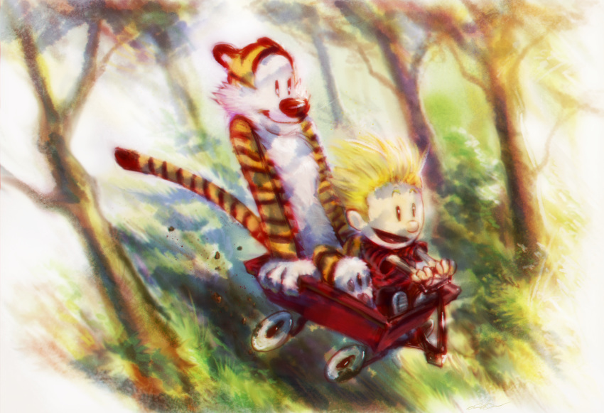 2017 4_fingers anthro black_tail_tip blonde_hair calvin_(calvin_and_hobbes) calvin_and_hobbes cinemamind clothed clothing countershading digital_media_(artwork) digital_painting_(artwork) dipstick_tail duo felid fingers fur grainy hair hi_res hobbes human lolicon male mammal markings multicolored_tail open_mouth open_smile orange_body orange_fur outside pantherine plant smile striped_body striped_fur striped_markings striped_tail stripes tail tail_markings tiger tree vehicle wagon white_body white_fur young young_human young_male