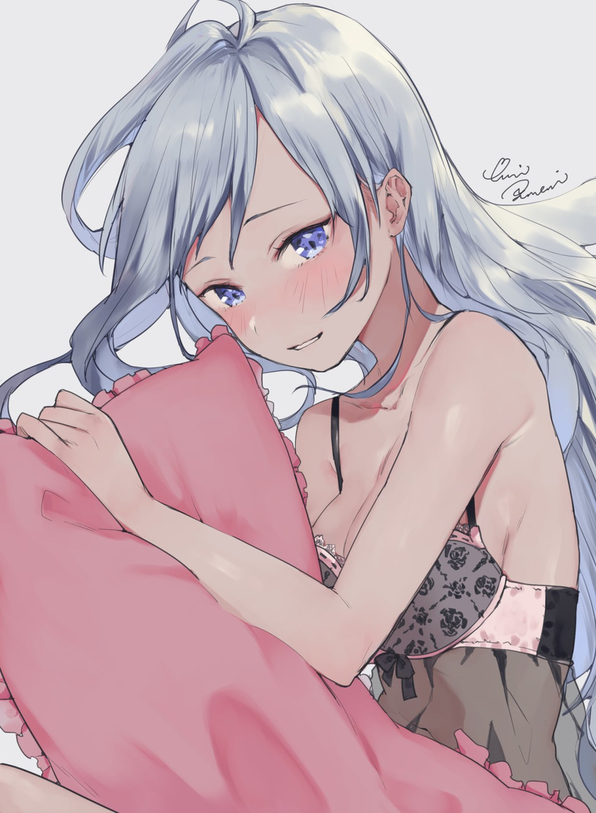 bad_id bad_twitter_id blue_eyes breasts cleavage collarbone female highres hugging_object long_hair medium_breasts pillow pillow_hug school_girl_strikers see-through signature silver_hair smile solo tatianna_alexandrovna_krovskaya uni_(melm)