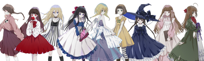 6+girls adapted_costume ahoge ascot aya_drevis bad_id bad_pixiv_id bandaid bandaid_on_arm black_choker black_dress black_hat black_skirt black_socks blonde_hair blue_dress blue_eyes book bow bowtie braid brown_eyes brown_hair bury chainsaw choker closed_eyes coco_(bury) dress elisabeth_faust fausts_alptraum flower fran_bow fran_bow_dagenhart funamusea genre_connection gloves green_bow green_dress hairbow hand_up hat highres holding holding_book holding_flower holding_knife ib_(ib) ib_(kouri) kneehighs knife long_hair looking_at_viewer mad_father madotsuki majo_no_ie multiple_girls oounabara_to_wadanohara pantyhose pink_ribbon rachel_gardner red_ascot red_bow red_bowtie red_eyes red_skirt ribbon satsuriku_no_tenshi short_hair skirt socks striped_clothes striped_pantyhose trait_connection twin_braids twintails vertical_stripes vertigowitch viola_(majo_no_ie) wadanohara white_bow white_dress white_legwear white_skirt witch_hat yellow_dress yume_nikki