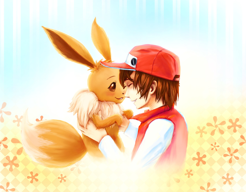 1boy baseball_cap brown_hair dekus eevee hat highres holding nintendo pokemon pokemon_(game) red_(pokemon) red_(pokemon)_(classic) simple_background smile