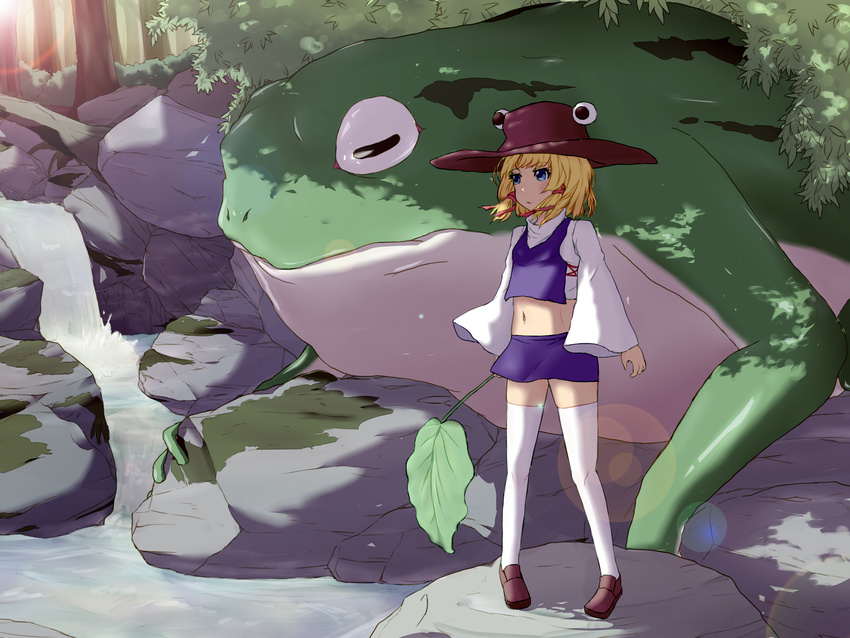 blonde_hair blouse blue_eyes commentary_request crop_top cropped_vest female frog guro_mental hat highres loafers long_sleeves microskirt midriff moriya_suwako navel outdoors photoshop_(medium) purple_skirt shirt shoes sidelocks skirt skirt_set thighhighs touhou vest white_legwear white_shirt wide_sleeves zettai_ryouiki