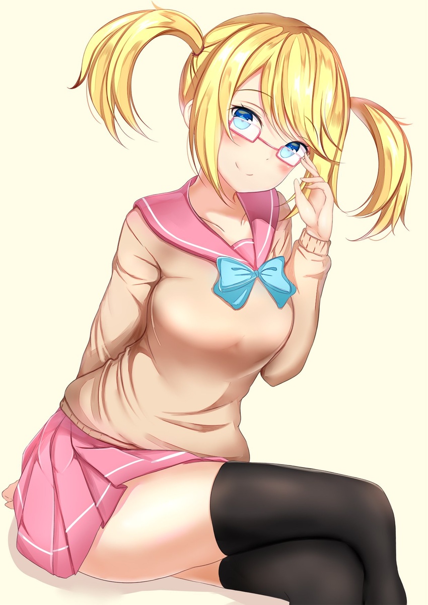 adjusting_eyewear arm_behind_back bad_id bad_twitter_id black_thighhighs blonde_hair blue_bow blue_bowtie blue_eyes blush bow bowtie breasts brown_sweater closed_mouth collarbone crossed_legs female glasses hand_on_eyewear hand_up head_tilt highres long_hair long_sleeves looking_at_viewer medium_breasts miniskirt phantasy_star phantasy_star_online_2 pink-framed_eyewear pink_sailor_collar pink_skirt pleated_skirt sailor_collar school_uniform shadow sidelocks sierra_(pso2) simple_background sitting skirt smile solo sweater thighhighs twintails yellow_background yuano