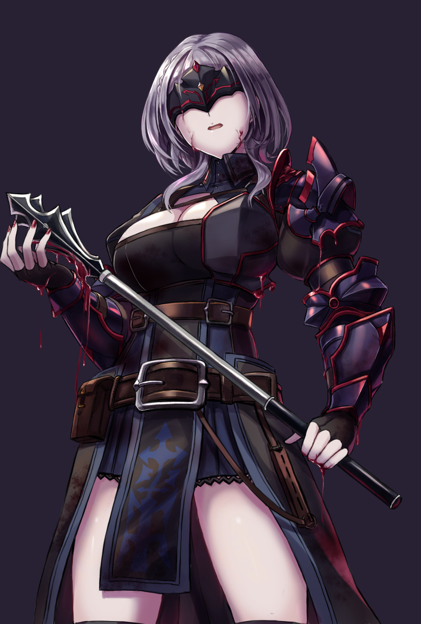 alter_servant armor belt black_gloves blood blood_on_face blood_on_hands blood_on_weapon breasts chest_belt chest_guard cleavage commentary_request dark_persona fate/stay_night fate_(series) female fingerless_gloves gloves grey_hair highres hololive large_breasts looking_at_viewer mace mask medium_hair nail_polish ooike_teru open_mouth pale_skin pelvic_curtain pouch purple_background red_nails shirogane_noel shirogane_noel_(1st_costume) simple_background solo virtual_youtuber wavy_hair weapon