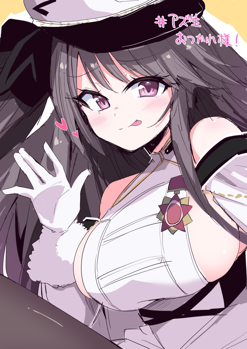 azur_lane bare_shoulders black_hair blush breasts commentary_request detached_sleeves female gloves hat highres himiya_jouzu large_breasts long_hair long_sleeves looking_at_viewer pamiat_merkuria_(azur_lane) pamiat_merkuria_(retrofit)_(azur_lane) purple_eyes sideboob smile solo translated white_hat