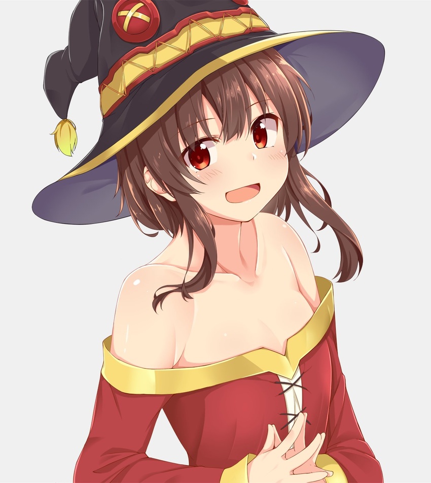 :d bare_shoulders blush brown_hair collarbone commentary_request dou-t dress female hat highres kono_subarashii_sekai_ni_shukufuku_wo! looking_at_viewer megumin off-shoulder_dress off_shoulder open_mouth red_dress red_eyes short_hair sidelocks simple_background smile solo white_background witch_hat