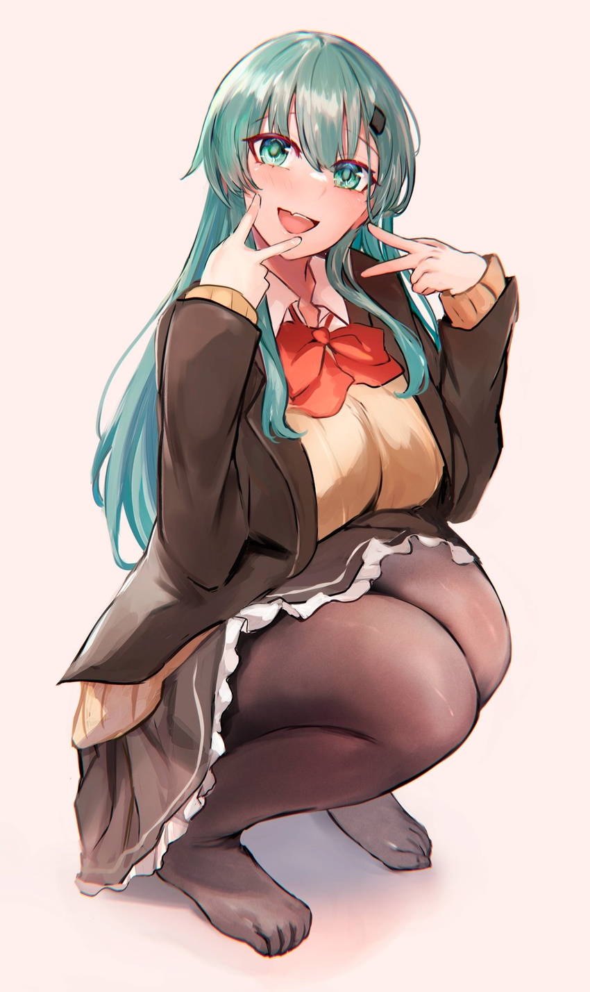 alternate_legwear aqua_eyes aqua_hair ascot bad_id bad_twitter_id blazer breasts brown_jacket brown_pantyhose brown_skirt cardigan collared_shirt double_v female gradient_hair green_hair hair_between_eyes hair_ornament hairclip highres jacket kantai_collection large_breasts long_hair long_sleeves looking_at_viewer miyako_(rgrayt) multicolored_hair neckerchief no_shoes open_mouth pantyhose pleated_skirt red_neckerchief red_ribbon ribbon school_uniform shadow shirt skirt solo squatting suzuya_(kancolle) suzuya_kai_ni_(kancolle) v white_shirt