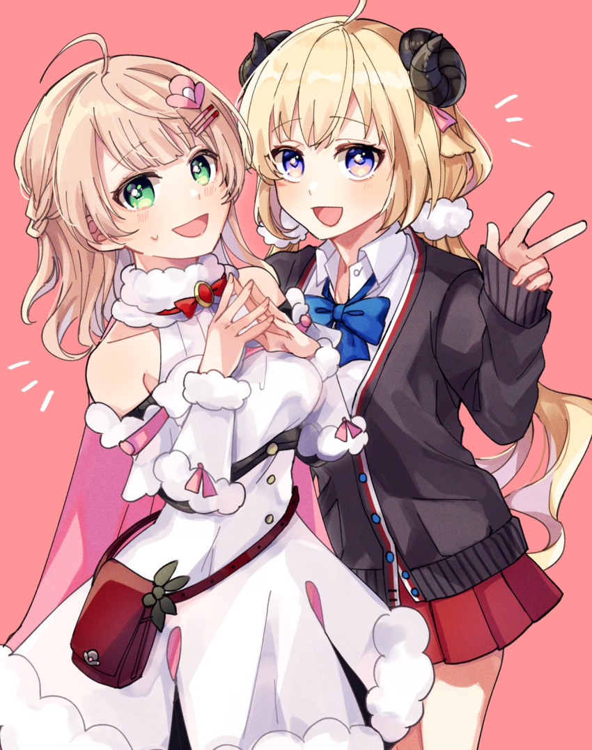 2girls animal_ears blonde_hair bow bowtie breasts check_commentary commentary_request cosplay costume_switch detached_sleeves dress fur-trimmed_dress fur-trimmed_sleeves fur_trim green_eyes hair_ornament hairclip highres hololive horns indie_virtual_youtuber large_breasts long_hair low_twintails multiple_girls nitumaruta pink_background pleated_skirt pom_pom_(clothes) pom_pom_hair_ornament purple_eyes ribbed_sleeves school_uniform serafuku sheep_ears sheep_girl sheep_horns shigure_ui_(vtuber) shigure_ui_(vtuber)_(2nd_costume) shigure_ui_(vtuber)_(cosplay) simple_background skirt sleeveless sleeveless_dress tsunomaki_watame tsunomaki_watame_(1st_costume) tsunomaki_watame_(cosplay) twintails very_long_hair virtual_youtuber white_dress