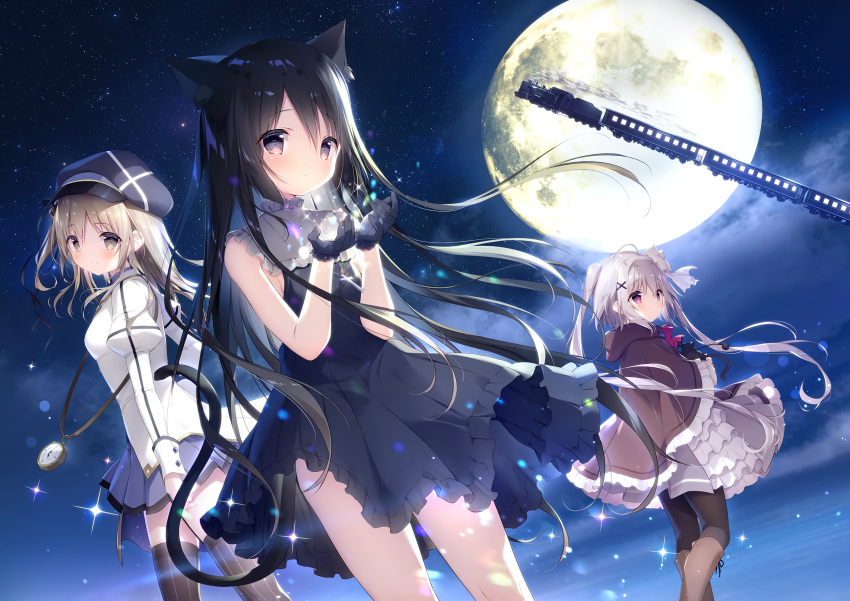 animal animal_ears black_hair blush brown_eyes brown_hair catgirl clouds dress feline gloves gray_hair hat long_hair moon night purple_eyes shiratama short_hair skirt sky stars tail thighhighs