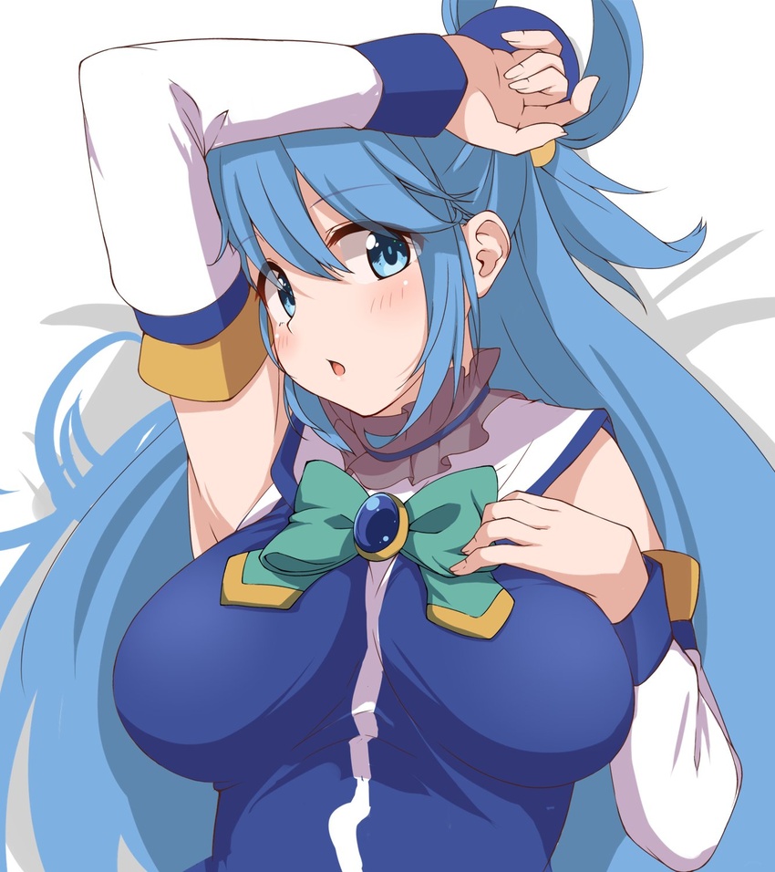 :o aqua_(konosuba) blue_eyes blue_hair blue_skirt blush breasts commentary_request detached_sleeves dou-t female hair_between_eyes hair_ornament highres kono_subarashii_sekai_ni_shukufuku_wo! large_breasts long_hair looking_at_viewer open_mouth simple_background skirt solo white_background