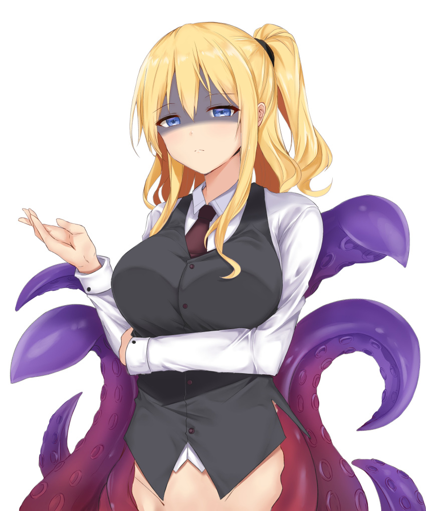 absurdres arm_under_breasts black_vest blonde_hair blue_eyes breasts buttons closed_mouth collared_shirt commentary dinosaurus_(azimangasaurus) english_commentary existence expressionless female game_cg hair_between_eyes half-closed_eyes hand_up highres large_breasts long_hair long_sleeves looking_at_viewer monster_girl necktie nell_(existence) one_side_up scylla shaded_face shirt sidelocks simple_background solo standing suction_cups tentacle vest white_background white_shirt wing_collar