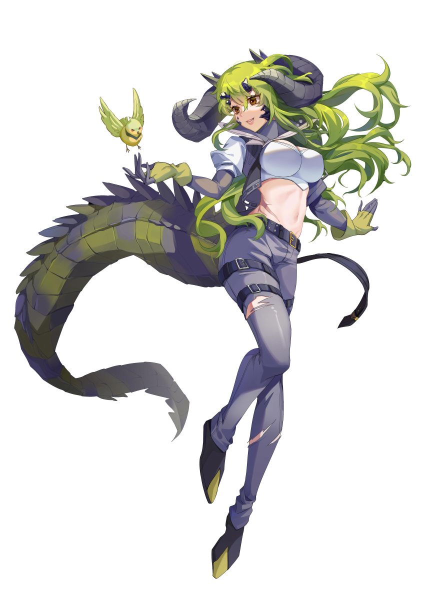 :d absurdres arknights belt belt_buckle bird black_belt black_footwear boku_(bilibala) breasts brown_eyes buckle chinese_commentary cleavage commentary_request crocodilian_tail crop_top estelle_(arknights) female full_body gloves green_gloves green_hair grey_pants hair_between_eyes highres horns juliet_sleeves large_breasts long_hair long_sleeves looking_at_animal midriff navel open_mouth pants partial_commentary puffy_sleeves shoes simple_background smile stomach tail teeth thigh_strap tongue torn_clothes torn_pants white_background