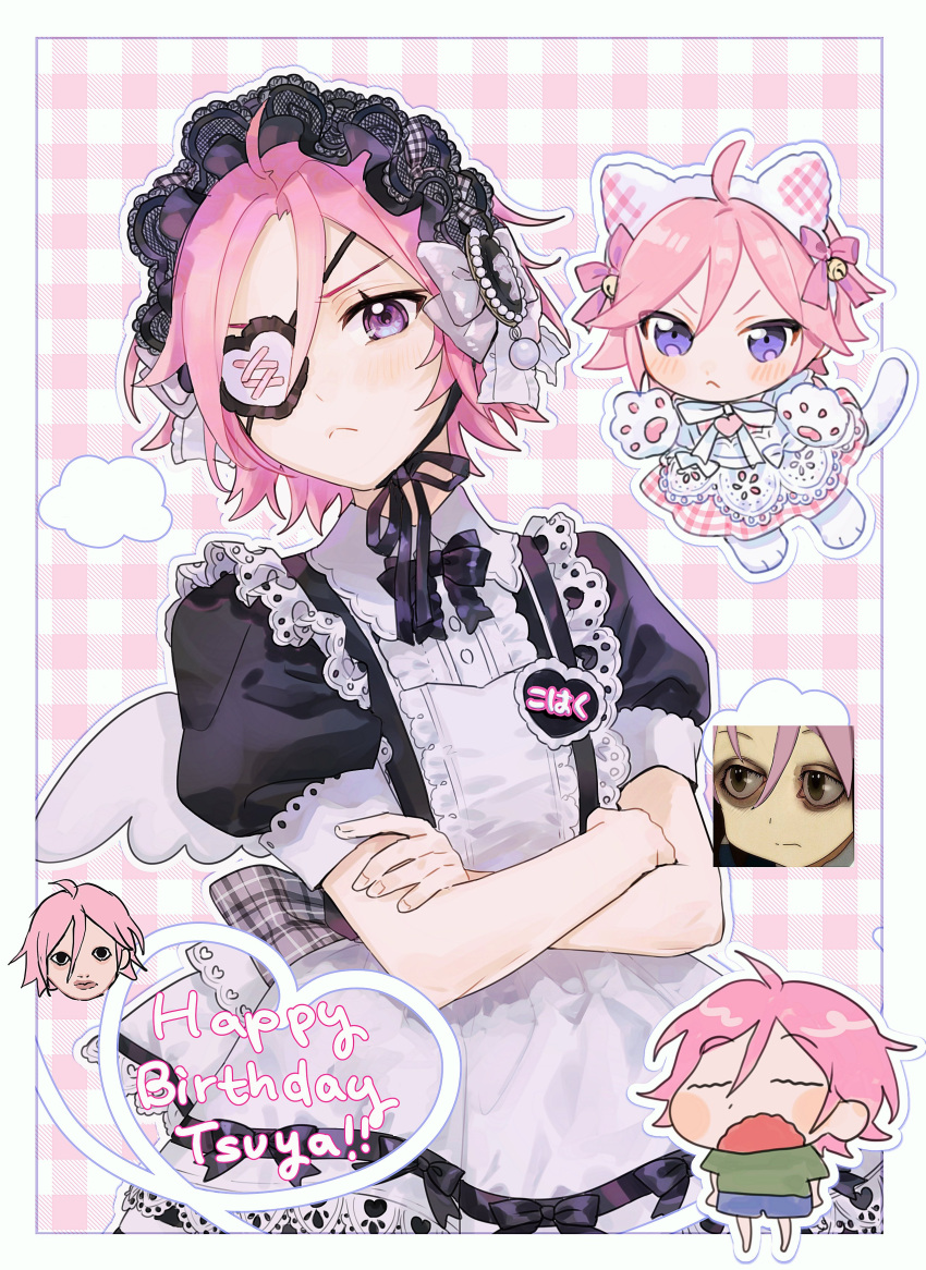 1boy :< absurdres androgynous angry animal_ears animal_hands apron bell cat_ears cat_paws character_name chibi closed_eyes closed_mouth cloud crayon_shin-chan crossdressing crossed_arms dress english_text ensemble_stars! eyepatch framed hair_bell hair_ornament happy_birthday heart heart_eyepatch highres maid maid_apron maid_headdress male_focus male_maid meme milkuriem multiple_views name_tag otoko_no_ko oukawa_kohaku parted_bangs pink_dress pink_hair plaid plaid_background plaid_dress pointy_hair purple_eyes short_hair short_sleeves simple_background v-shaped_eyebrows wavy_mouth yawning