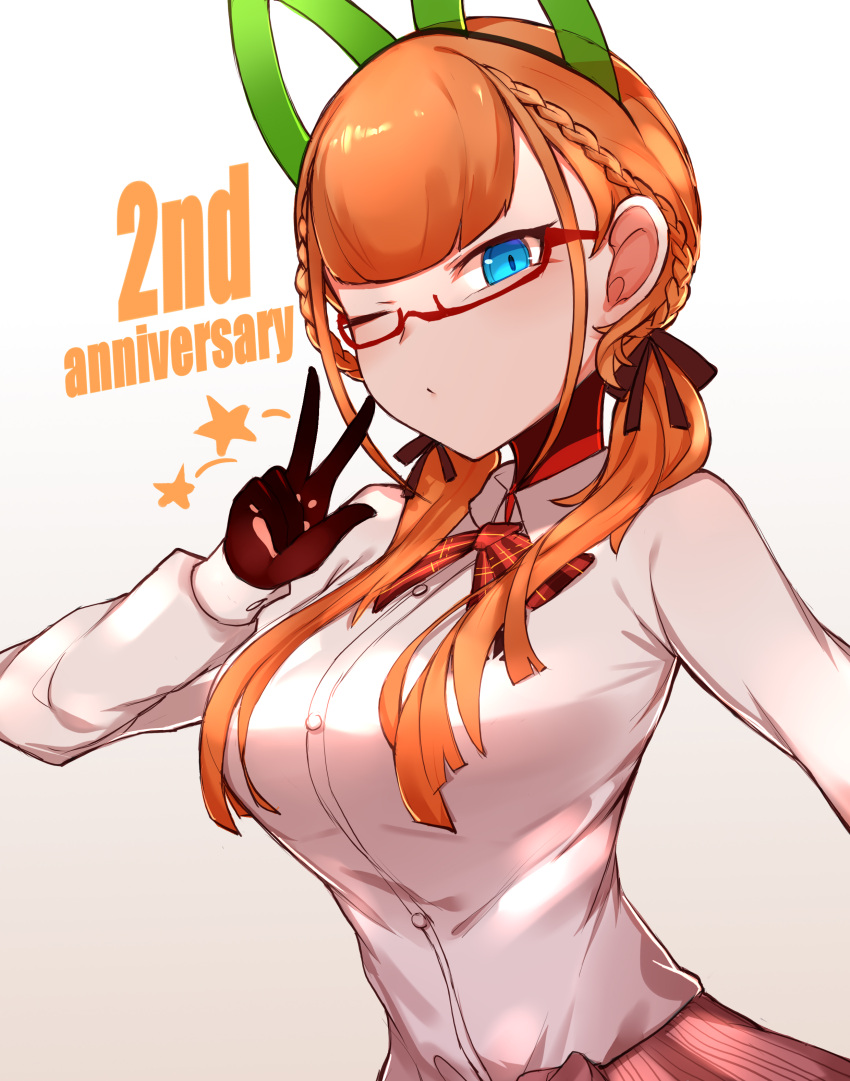 absurdres andou_inari andou_inari_official animal_hands anniversary blue_eyes bow braid breasts choumi_wuti_(xueye_fanmang_zhong) dual_wielding female fox_girl glasses highres holding joints large_breasts long_hair mechanical_ears nijisanji orange_hair robot_joints solo star_(symbol) uniform v virtual_youtuber virtuareal white_background