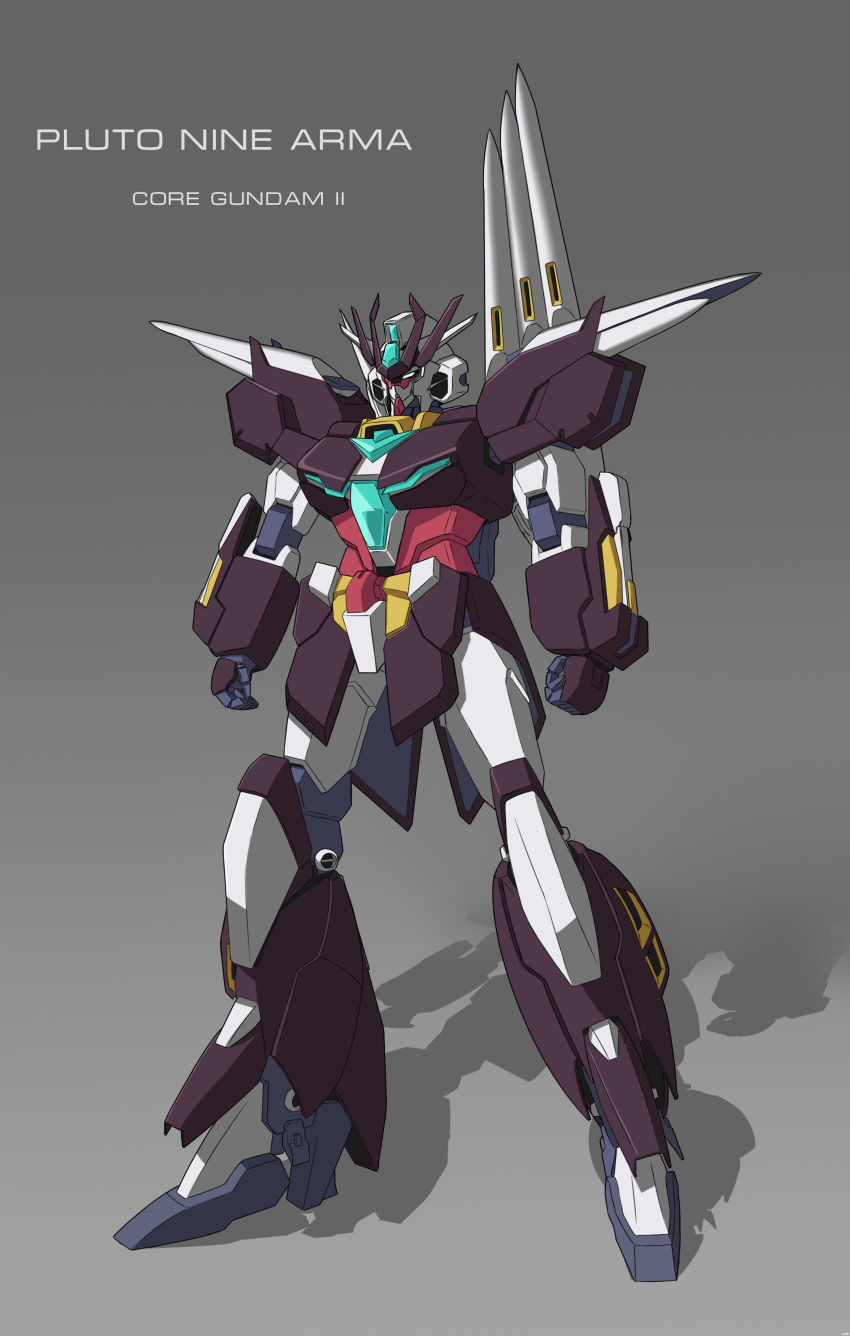 absurdres character_name clenched_hands clotho_matcha commentary core_gundam_ii english_commentary english_text grey_background gundam gundam_build_divers gundam_build_divers_re:rise gunpla highres mecha model_kit no_humans original robot science_fiction solo standing v-fin yellow_eyes