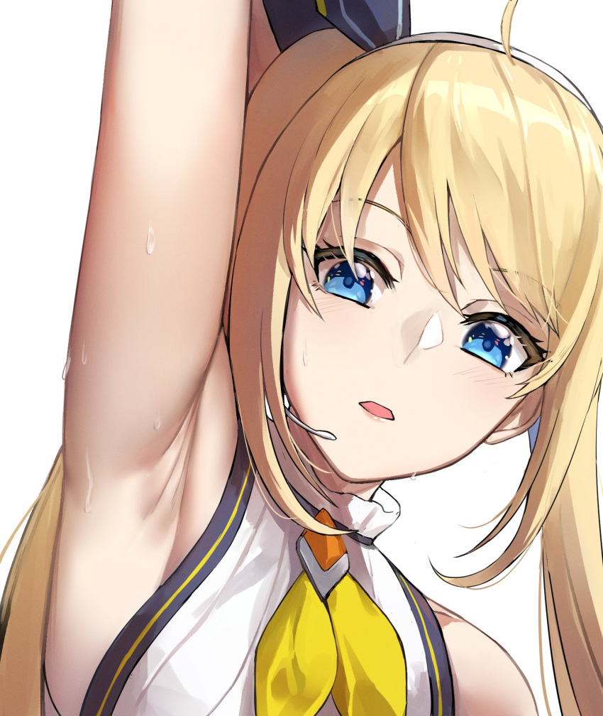 arm_up armpits blonde_hair blue_eyes commentary dobure18 english_commentary female headset highres long_hair looking_at_viewer neckerchief nijisanji nijisanji_id open_mouth portrait solo sweat twintails virtual_youtuber white_background yellow_neckerchief zea_cornelia