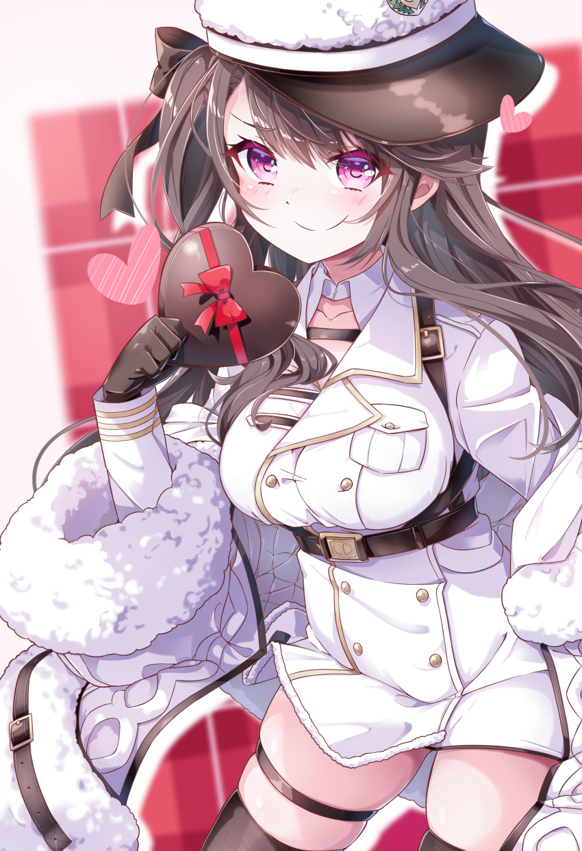 absurdres azur_lane bare_shoulders black_gloves black_hair black_thighhighs blush breasts coat commentary_request female fur_trim gloves hat highres large_breasts leer.meer long_hair long_sleeves looking_at_viewer pamiat_merkuria_(azur_lane) purple_eyes smile solo thighhighs valentine white_hat