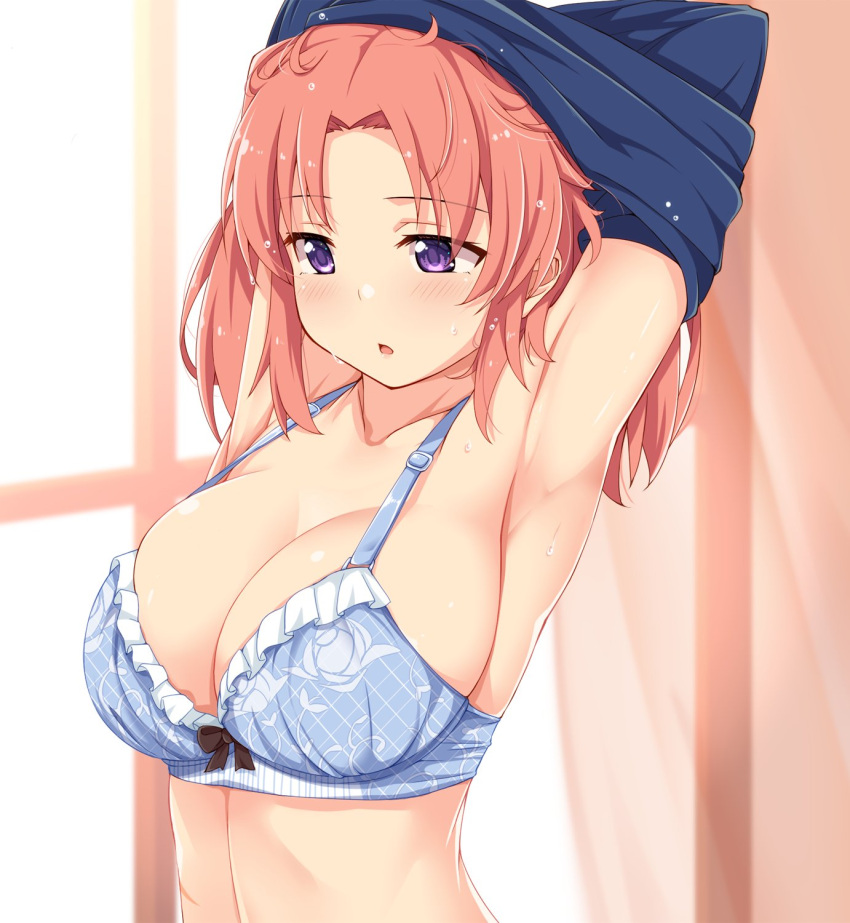 armpits arms_up blue_bra blush bow bow_bra bra breasts cleavage clothes_lift collarbone commentary_request dou-t female highres indoors large_breasts mikakunin_de_shinkoukei open_mouth parted_bangs pink_hair purple_eyes shirt_lift short_hair solo sweat underwear yonomori_kobeni