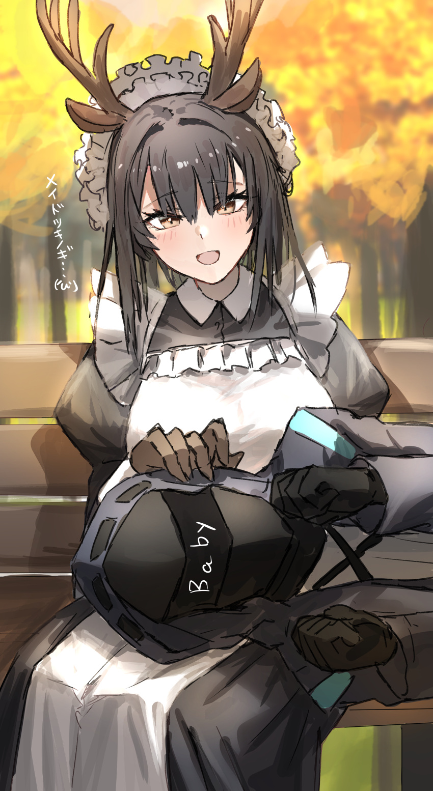 1other :d absurdres animal_ears antlers arknights bench black_dress black_eyes black_gloves black_hair blush clenched_hands commentary_request deer_ears doctor_(arknights) dress female gloves highres hood hooded_jacket horn/wood horns jacket juliet_sleeves lap_pillow long_hair long_sleeves looking_at_viewer maid maid_headdress outdoors puffy_sleeves sitting smile tsukinogi_(arknights) tsukinogi_(londinium_style_miko)_(arknights) visor