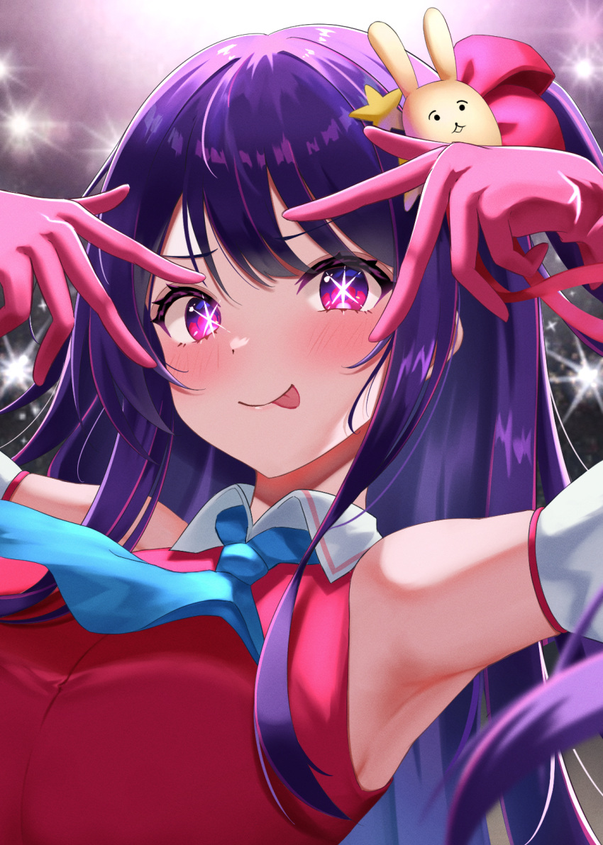 :p armpits ascot blue_ascot commentary_request female gloves highres hoshino_ai's_pose hoshino_ai_(oshi_no_ko) idol idol_clothes long_hair looking_at_viewer oshi_no_ko pink_gloves purple_eyes purple_hair solo star-shaped_pupils star_(symbol) symbol-shaped_pupils telu_(teluscarlet) tongue tongue_out upper_body