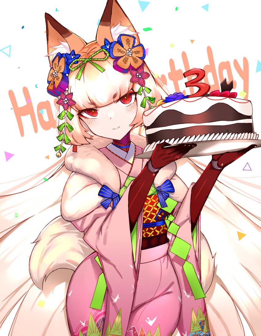 absurdres andou_inari andou_inari_official animal_ears birthday birthday_cake bow cake carrot_cake choumi_wuti_(xueye_fanmang_zhong) female figure flower food fox_ears fox_girl fox_tail fur hair_flower hair_ornament highres japanese_clothes joints kimono long_hair multicolored_hair nijisanji orange_hair red_eyes robot_joints solo streaked_hair tail virtual_youtuber virtuareal white_background white_hair