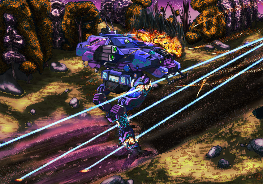 battle battletech burning damage debris destruction explosion fire fleety_(artist) hi_res laser locust_(battletech) machine mecha mechwarrior missile not_furry outside ranged_weapon robot science_fiction space tagme vehicle walker weapon