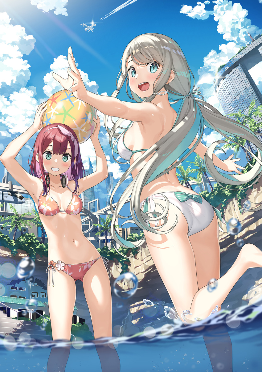 2girls :d aqua_eyes armpits arms_up ass ass_visible_through_thighs ball bare_arms bare_shoulders beachball bikini blue_eyes breasts butt_crack cloud commentary_request day from_behind grey_hair grin halterneck headphones headphones_around_neck highres kamisama_no_you_na_kimi_e kantoku leg_up long_hair looking_at_viewer looking_back medium_breasts multiple_girls open_mouth outdoors outstretched_arms red_bikini red_hair side-tie_bikini_bottom smile sonomura_hazuki standing standing_on_one_leg strap_gap string_bikini sunlight swimsuit thighs tsukuyomi_(kamikimi) very_long_hair wading white_bikini