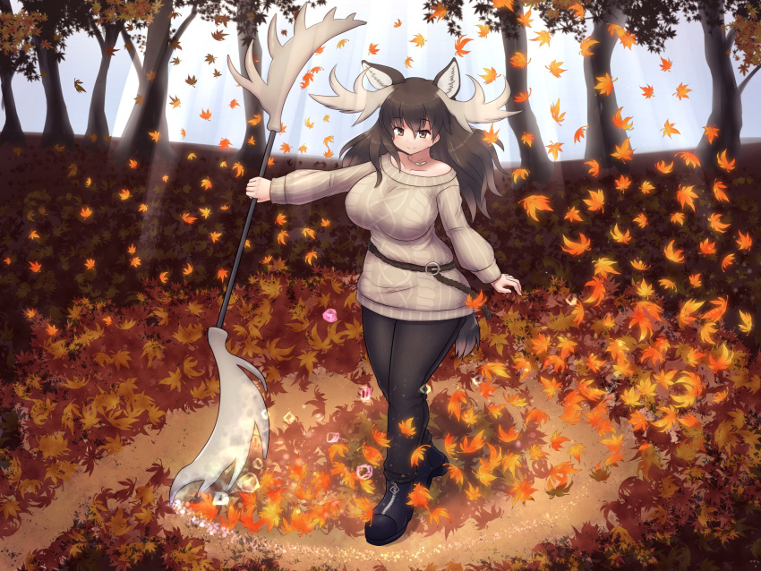 alternate_costume animal_ears antlers autumn autumn_leaves belt boots breasts brown_eyes brown_hair dress female highres holding holding_polearm holding_weapon horns kemono_friends large_breasts light_rays long_hair longhorn_lance mo23 moose_(kemono_friends) moose_antlers moose_ears moose_girl moose_tail outdoors pants polearm sandstar smile solo sunbeam sunlight sweater sweater_dress tail tree weapon zipper_footwear