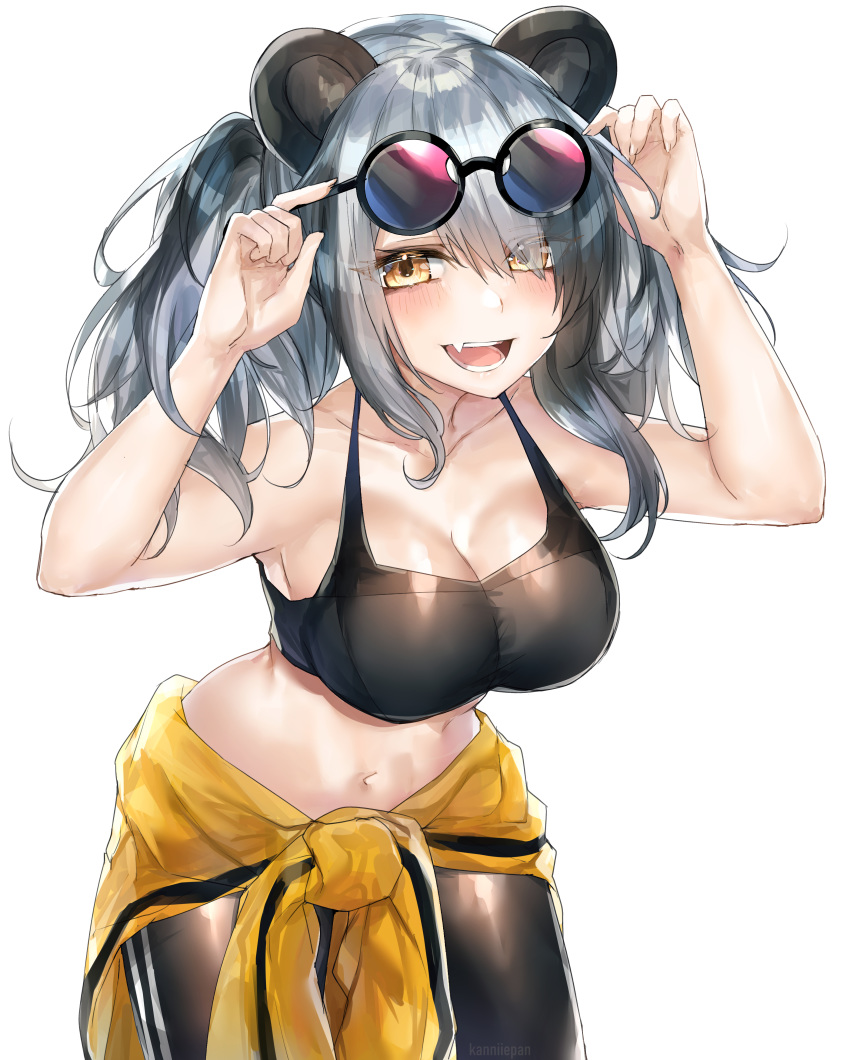 :d absurdres animal_ears arknights armpits arms_up bare_arms bare_shoulders black_hair black_pants black_shirt blush breasts cleavage clothes_around_waist collarbone commentary cowboy_shot crop_top eyewear_on_head feater_(arknights) feater_(dojo_star)_(arknights) female grey_hair hair_over_one_eye highres jacket jacket_around_waist kanniiepan large_breasts long_hair looking_at_viewer midriff multicolored_hair navel oerba_yun_fang official_alternate_costume open_mouth panda_ears pants round_eyewear shirt simple_background sleeveless sleeveless_shirt smile solo spaghetti_strap standing stomach sunglasses teeth tongue twintails two-tone_hair white_background yellow_eyes yellow_jacket