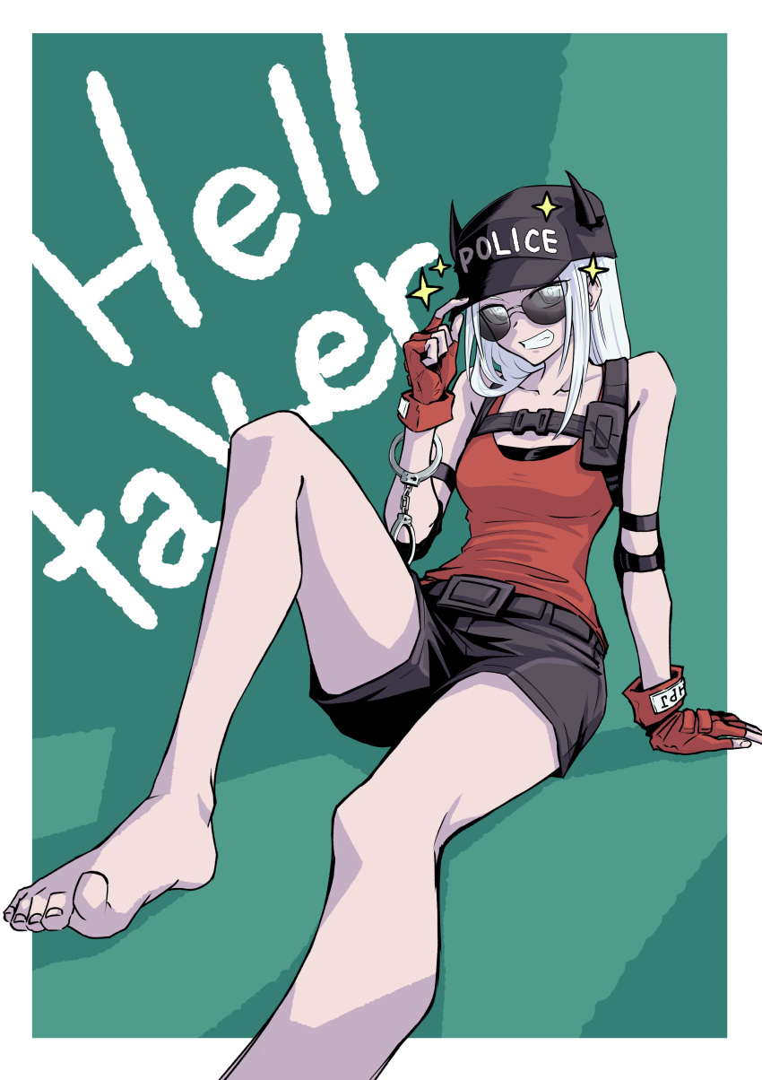 absurdres arm_support bare_shoulders barefoot black_hat black_horns black_shorts blind border bracelet breasts clothes_writing collarbone commentary_request cuffs feet female fingerless_gloves foot_out_of_frame gloves green_background grin hand_up handcuffs hat helltaker highres horns horns_through_headwear inoue_kyouhei jewelry justice_(helltaker) long_hair looking_at_viewer medium_breasts official_alternate_costume outside_border police_hat red_gloves red_tank_top short_shorts shorts sitting smile solo sunglasses tank_top toes two-tone_background watch white_border white_hair wristwatch