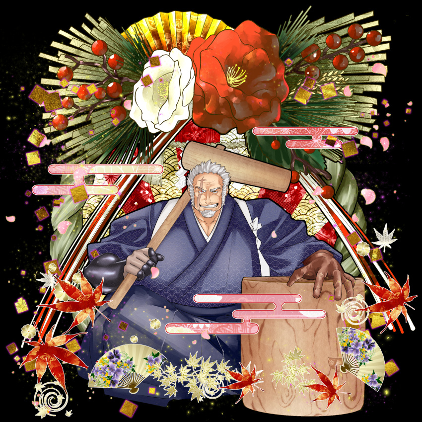 1boy absurdres alternate_costume amatsumara_(housamo) bara beard commentary egasumi facial_hair flower goatee hakama hand_fan haori highres itaru_(kidomh63) japanese_clothes kimono kine long_sideburns looking_at_viewer male_focus mallet mature_male muscular muscular_male old old_man open_mouth pectoral_cleavage pectorals scar scar_across_eye scar_on_face shimekazari short_hair sideburns simple_background smile solo teeth tokyo_afterschool_summoners