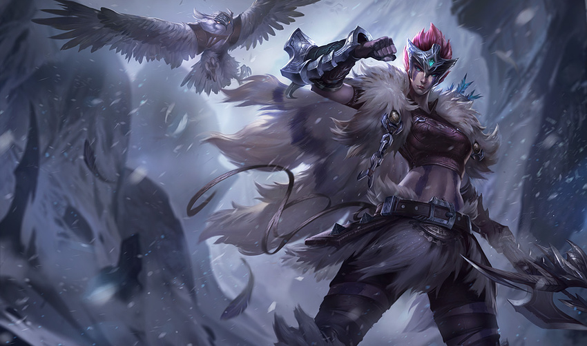 artist_request bird commentary crop_top english_commentary female forehead_protector league_of_legends midriff navel official_art quinn_(league_of_legends) short_hair snowing valor_(league_of_legends) woad_scout_quinn