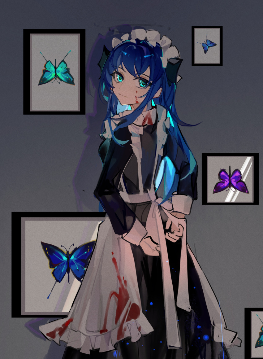 absurdres adjusting_clothes alternate_costume apron arknights arms_behind_back black_dress blood blood_on_face bloody_apron blue_eyes blue_hair bug butterfly collection demon_horns drawing_(object) dress enmaided female from_behind grey_background halo highres horns long_hair looking_at_viewer looking_back maid maid_headdress mostima_(arknights) no_wings picture_frame shadow smile solo white_apron yingyingyingtazhide