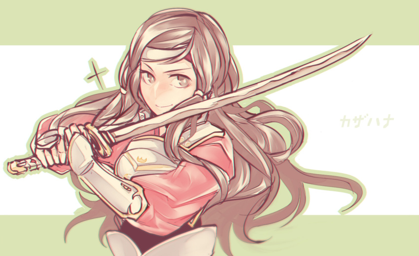 armor brown_hair female fire_emblem fire_emblem_fates green_background hana_(fire_emblem) headband highres holding holding_sword holding_weapon long_hair looking_at_viewer solo sword two-tone_background upper_body vento weapon white_background