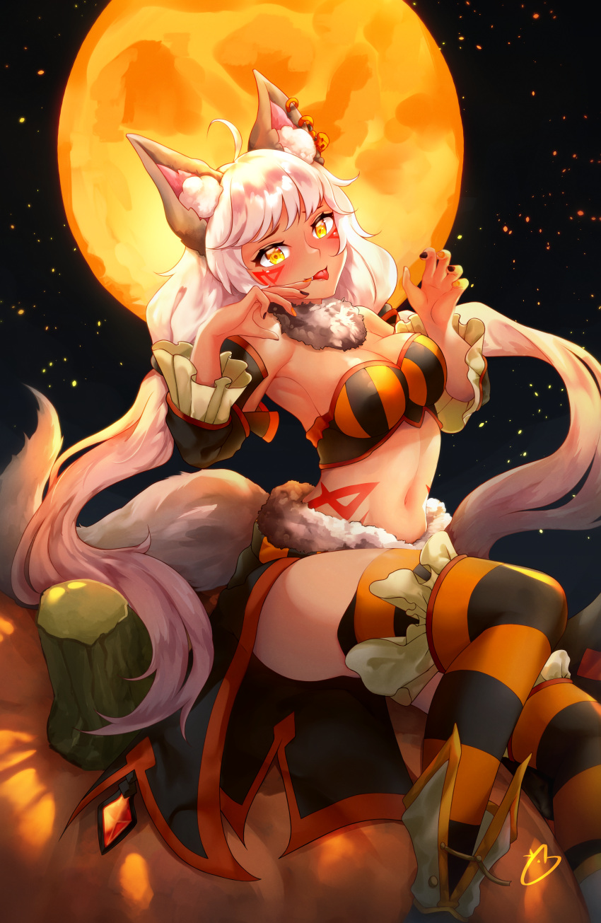 absurdres ahoge alternate_costume animal_ears breadthree breasts female guardian_tales halloween highres ice_witch_lupina long_hair looking_at_viewer medium_breasts moon multicolored_clothes multicolored_legwear navel night night_sky orange_moon pumpkin sitting sky sleeveless solo tail tattoo thighhighs twintails white_hair wolf_ears wolf_girl wolf_tail yellow_eyes